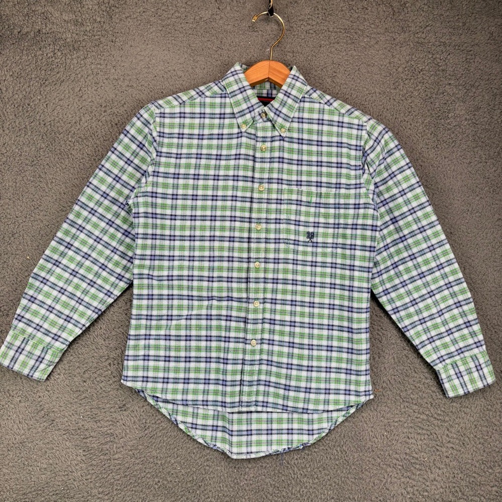 Wrangler Twenty X Kids Large 10-12 Green‎ Blue Plaid Button Down Shirt BJ7322A